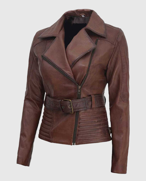 Women's Asymmetrical Quilted Brown Biker Leather Jacket - Image 3