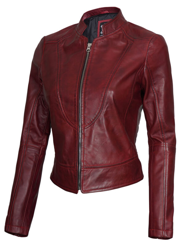 Amy Womens Maroon Cafe Racer Leather Jacket - Image 4