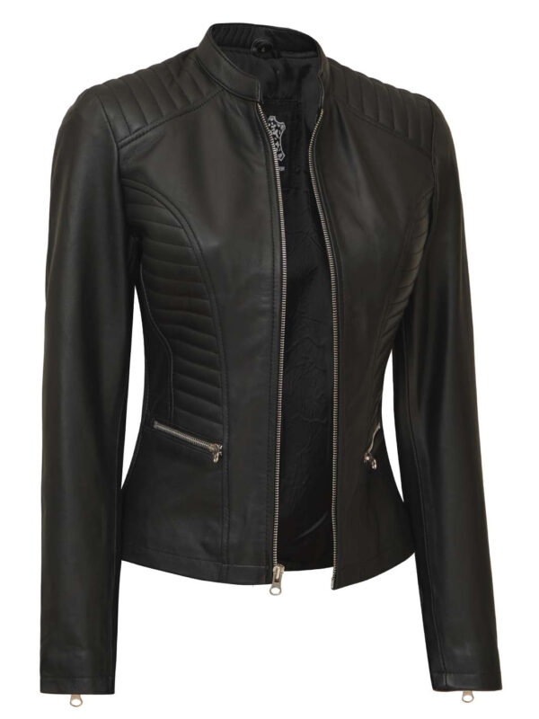 Rachel Women's Black Cafe Racer Leather Jacket - Image 6