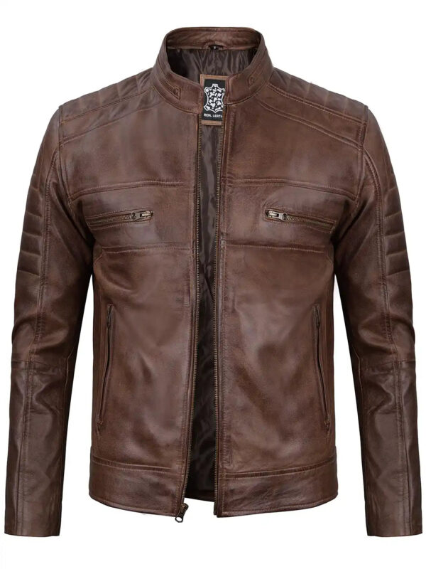 Austin Distressed Coffee Brown Cafe Racer Leather Jacket for Men - Image 3