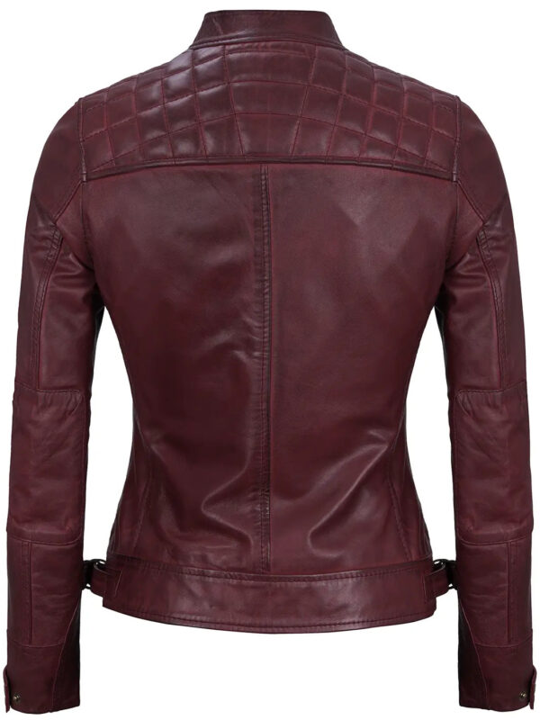 Johnson Women's Maroon Quilted Cafe Racer Leather Jacket - Image 2