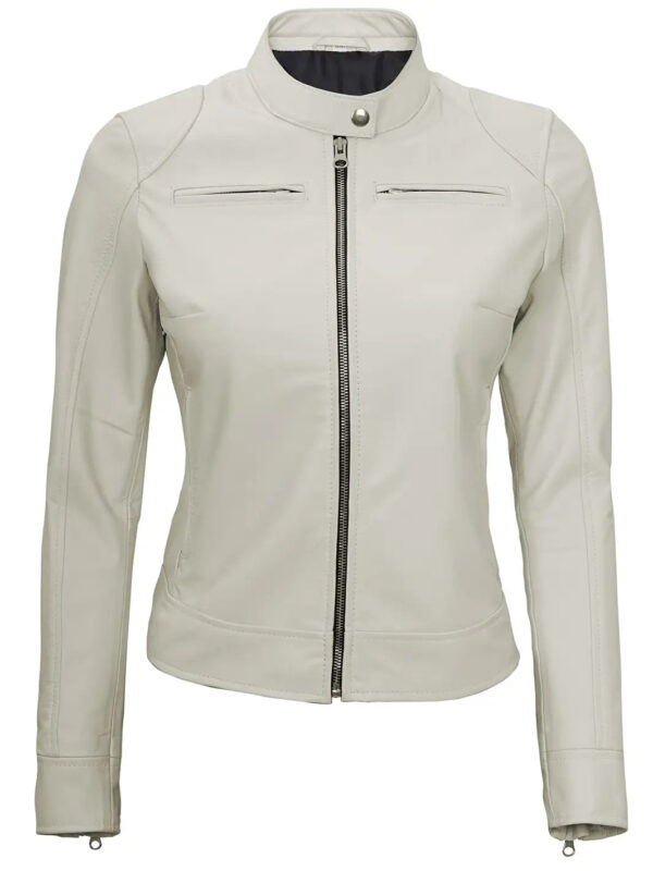 Dodge Women's Off White Cafe Racer Motorcycle Leather Jacket - Image 3