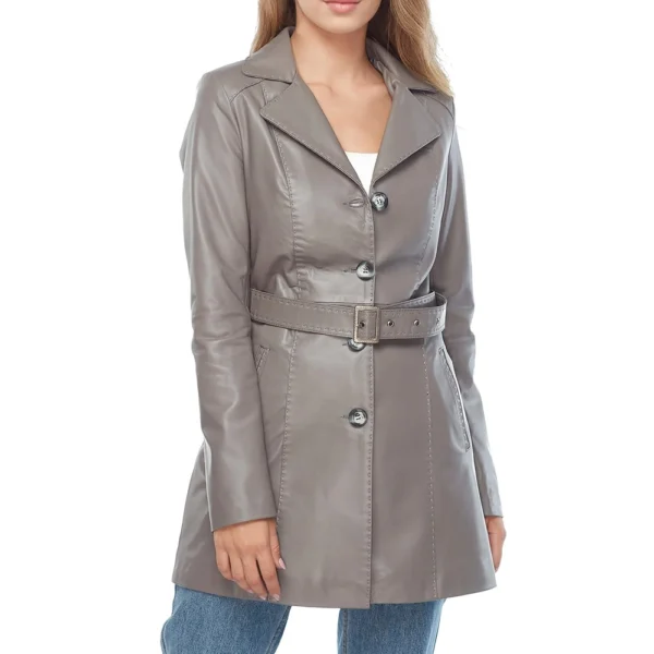 Noa Grey Leather Coat For Women