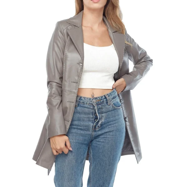 Noa Grey Leather Coat For Women - Image 3