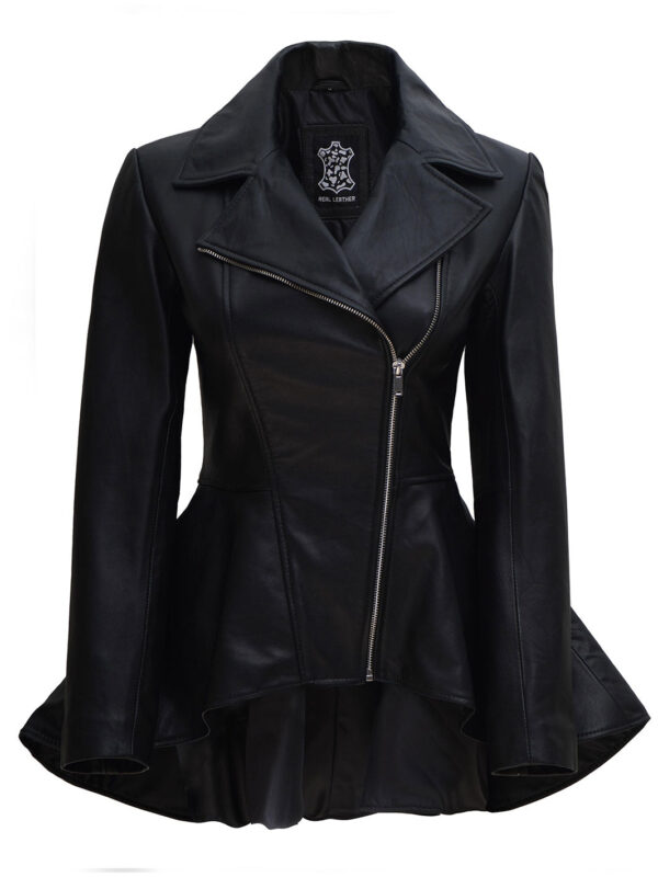 Clarissa Womens Black Asymmetrical Peplum Leather Jacket - Image 3