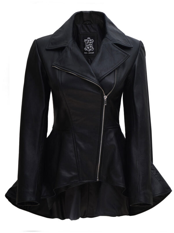 Clarissa Womens Black Asymmetrical Peplum Leather Jacket - Image 4