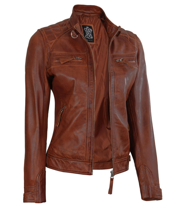 Johnson Women's Cognac Quilted Cafe Racer Leather Jacket - Image 4