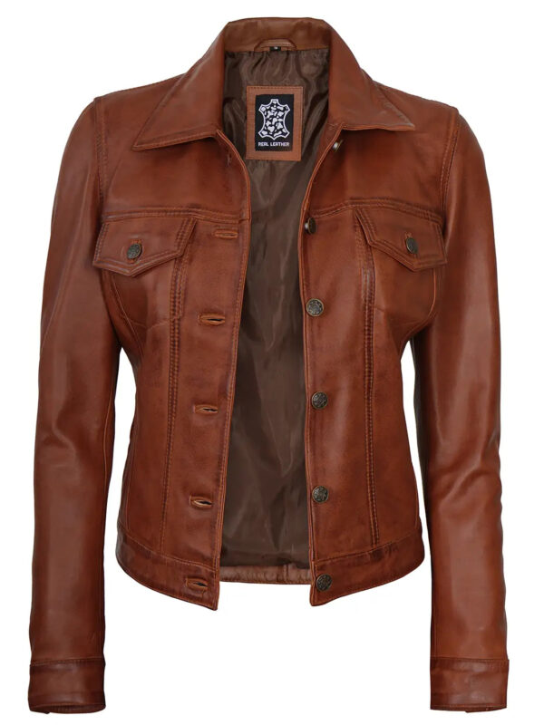 Fernando Women Cognac Brown Leather Trucker Jacket - Image 3
