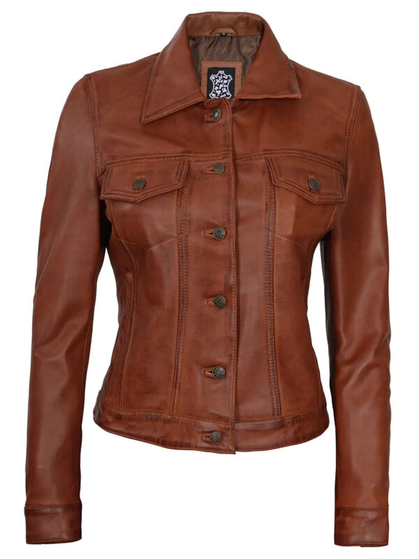 Fernando Women Cognac Brown Leather Trucker Jacket - Image 7