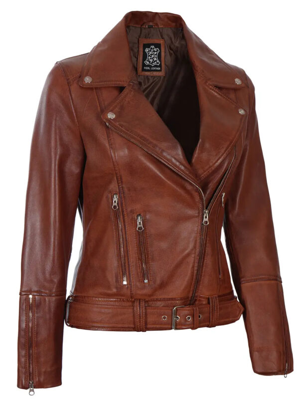 Elisa Womens Cognac Brown Asymmetrical Motorcycle Leather Jacket - Image 3