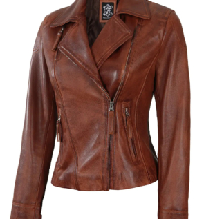 Cognacwomenbikerleatherjacket