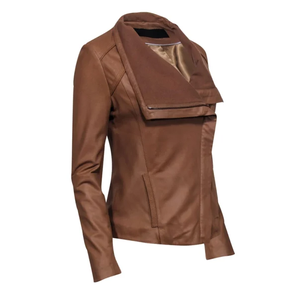 Brown Leather Zip Up Jacket For Women - Image 2