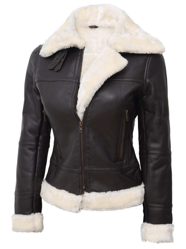 Frances Dark Brown Real Leather Shearling Bomber Jacket - Image 4