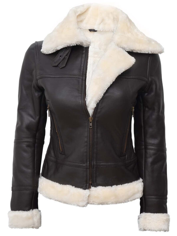 Frances Dark Brown Real Leather Shearling Bomber Jacket - Image 5