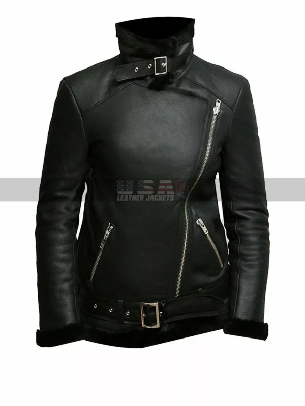 Women’s Biker Style Fur Shearling B3 Black Leather Jacket - Image 3