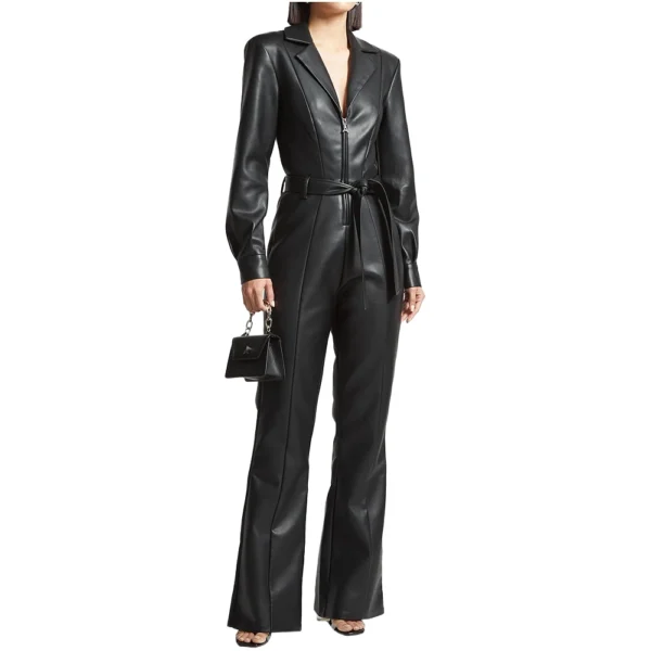 Genuine Black Leather Belted Jumpsuit Women - Image 3