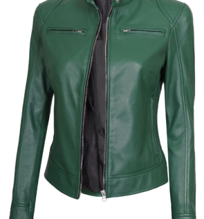GreenBikerLeatherJacketforwomen