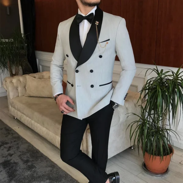 Light Grey Tuxedo Wedding With Velvet Lapel For Men - Image 2