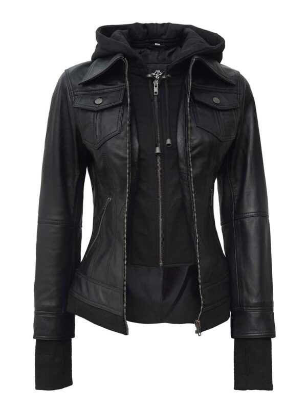 Tralee Petite Women's Black Motorcycle Leather Jacket with Hood - Image 6