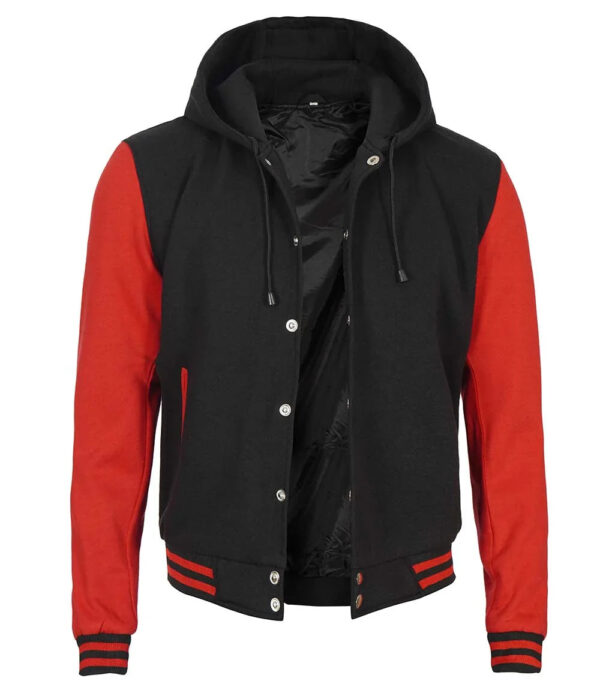 Men's Red and Black Hooded Lettermen Jacket - Image 4