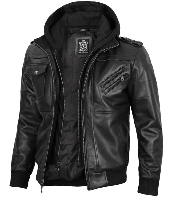 Edinburgh Tall Mens Black Leather Jacket with Removable Hoodie