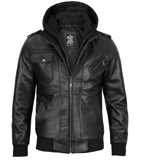 Edinburgh Tall Mens Black Leather Jacket with Removable Hoodie - Image 3