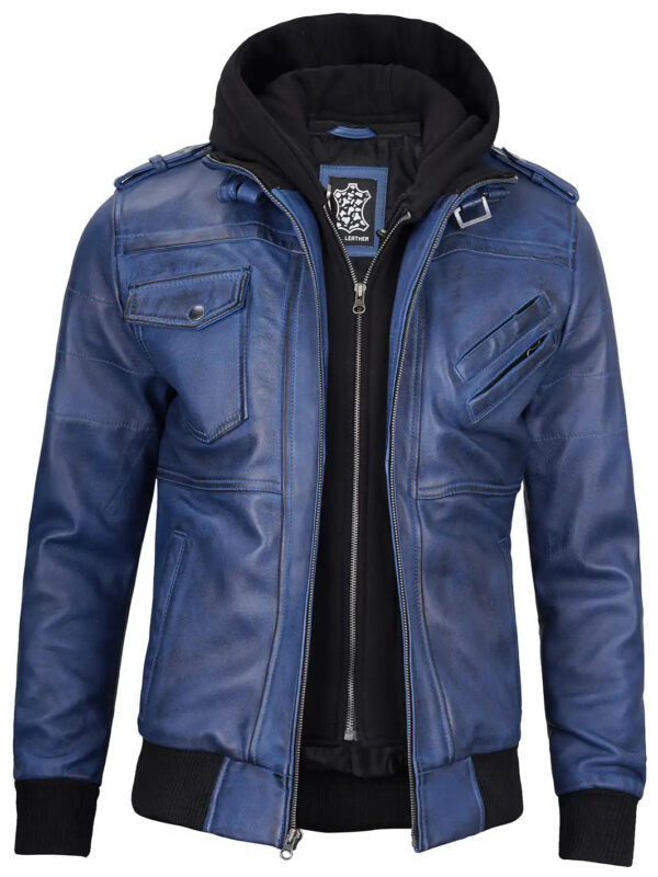 Edinburgh Mens Blue Wax Leather Jacket With Hood - Image 5