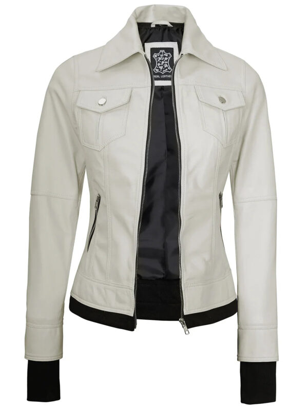 Womens Off White Motorcycle Leather Jacket with Hood - Image 3