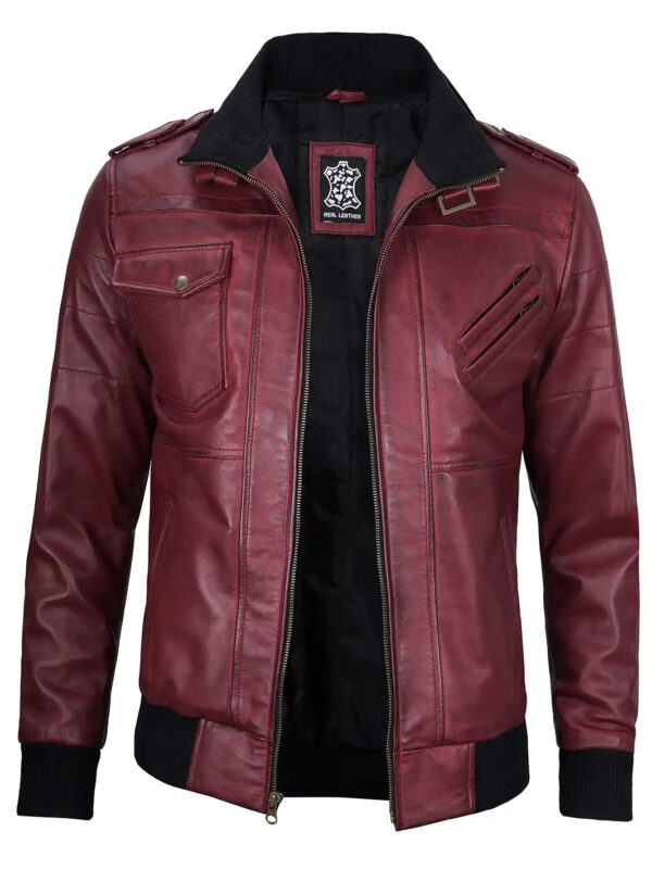 Edinburgh Mens Maroon Bomber Hooded Leather Jacket - Image 3