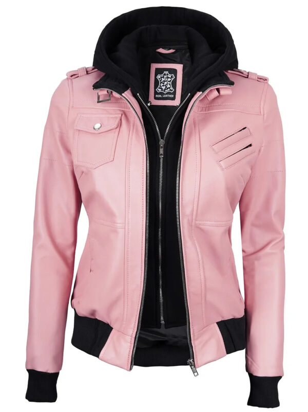 Edinburgh Pink Leather Bomber Jacket With Hood - Image 4