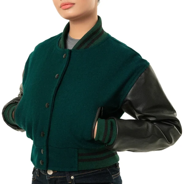 Women’s Green Cropped Varsity Bomber Jacket - Image 2