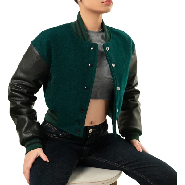 Women’s Green Cropped Varsity Bomber Jacket - Image 3