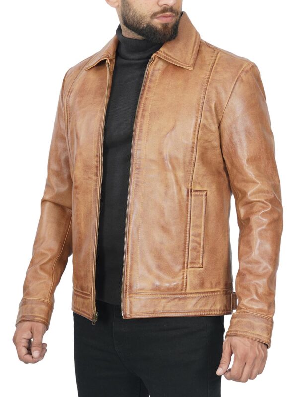 Men's Camel Motorcycle Leather Jacket - Image 5