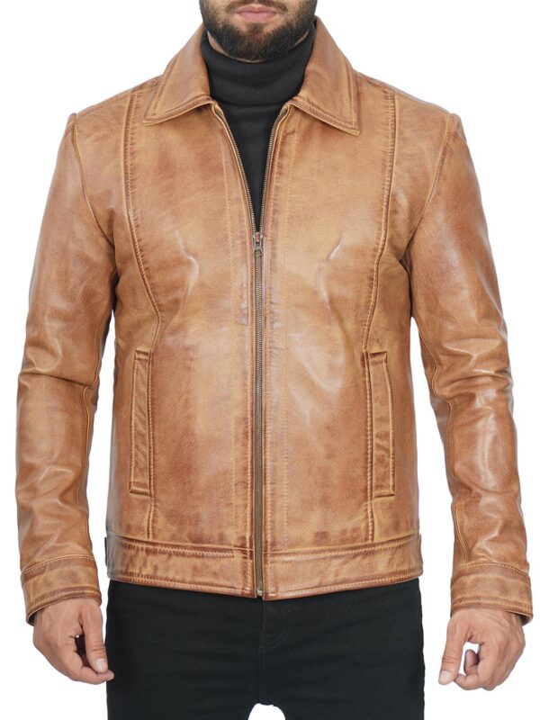 Men's Camel Motorcycle Leather Jacket - Image 3