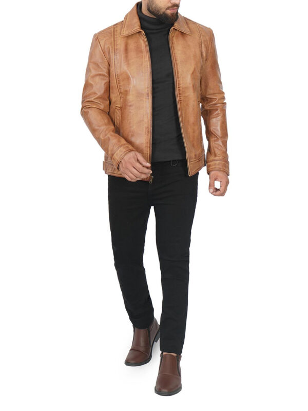 Men's Camel Motorcycle Leather Jacket - Image 9