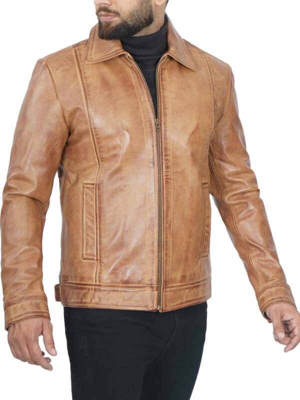 Men's Camel Motorcycle Leather Jacket - Image 6