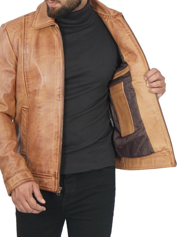 Men's Camel Motorcycle Leather Jacket - Image 8