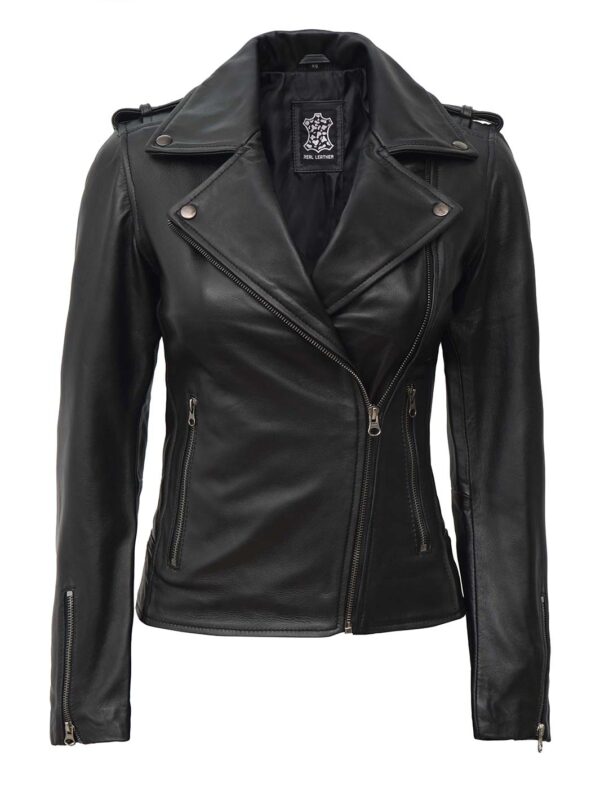 Kirsten Women's Black Asymmetrical Leather Motorcycle Jacket - Image 3
