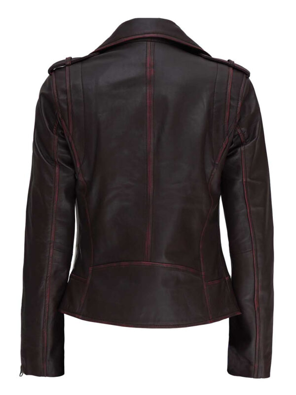 Kirsten Womens Dark Brown Asymmetrical Leather Biker Jacket - Image 2