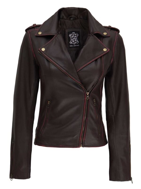 Kirsten Womens Dark Brown Asymmetrical Leather Biker Jacket - Image 3