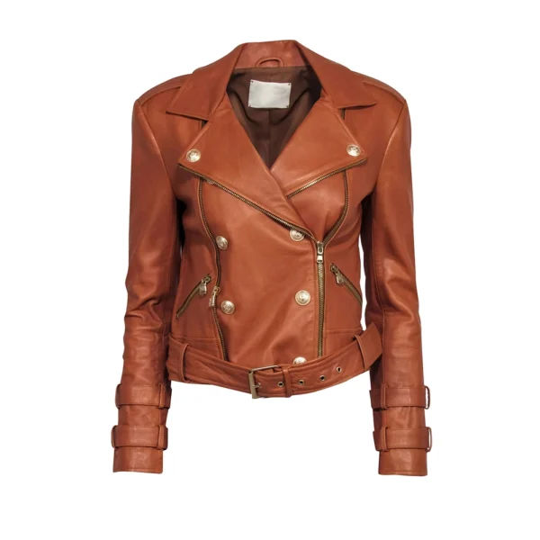 Tan Leather Jacket for Women with Gold Stud Buttons