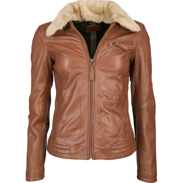 Aurora Brown Shearling Collar Bomber Leather Jacket