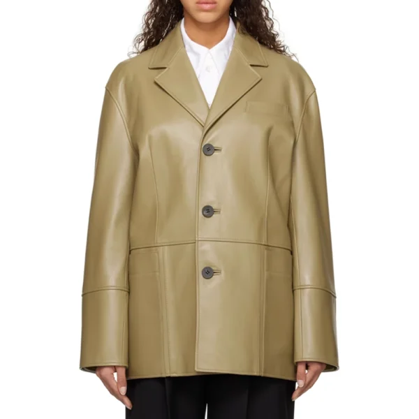 Zoe Khaki Single Breasted Leather Blazer