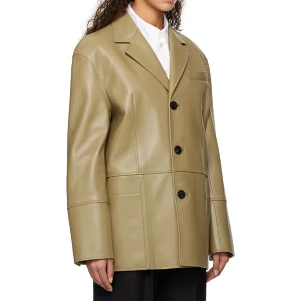 Zoe Khaki Single Breasted Leather Blazer - Image 2