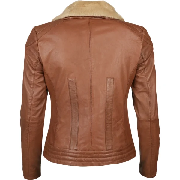 Aurora Brown Shearling Collar Bomber Leather Jacket - Image 2
