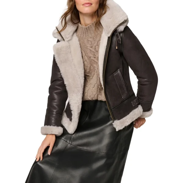 Women’s Dark Brown Leather Shearling Coat Aviator Jacket - Image 4