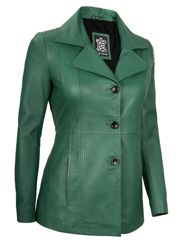 Women Green Real Leather Blazer - Image 4