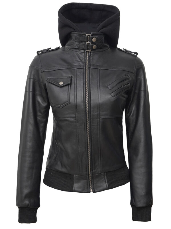 Edinburgh Petite Womens Black Hooded Leather Jacket - Image 7