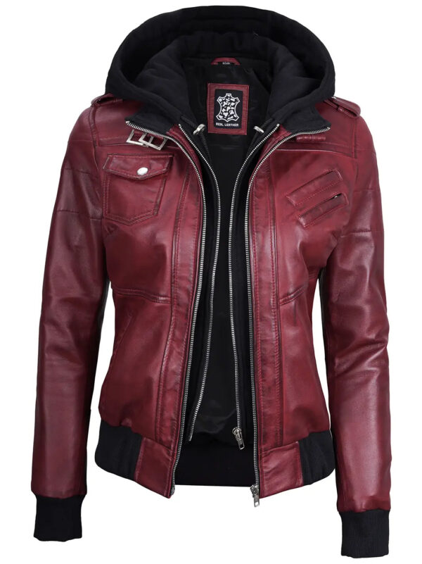 Edinburgh Maroon Leather Bomber Jacket With Hood - Image 3