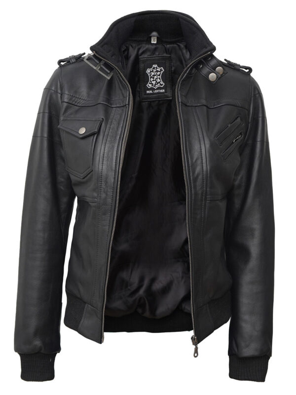 Edinburgh Petite Womens Black Hooded Leather Jacket - Image 4